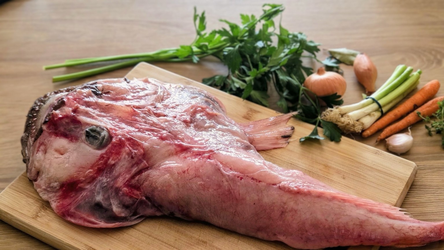 Fish head and bones on a wooden board, with vegetables and herbs for homemade fish stock.
